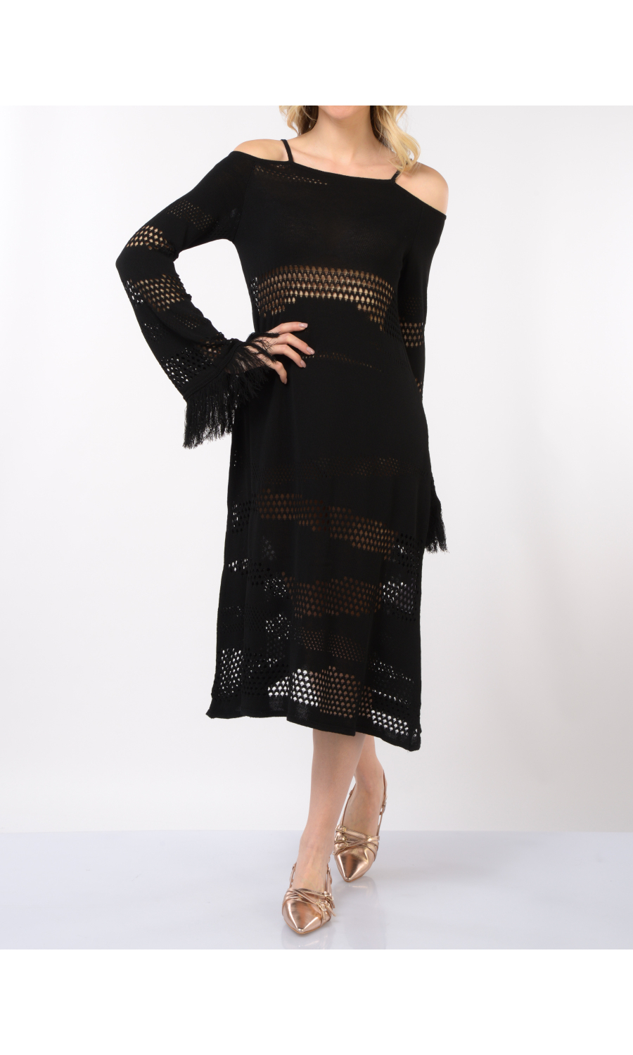 abito lungo da donna Akep in maglia con lavorazione traforata e frange