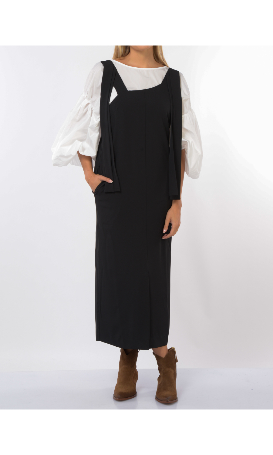 abito lungo da donna Meimeij con applicazioni e spacco