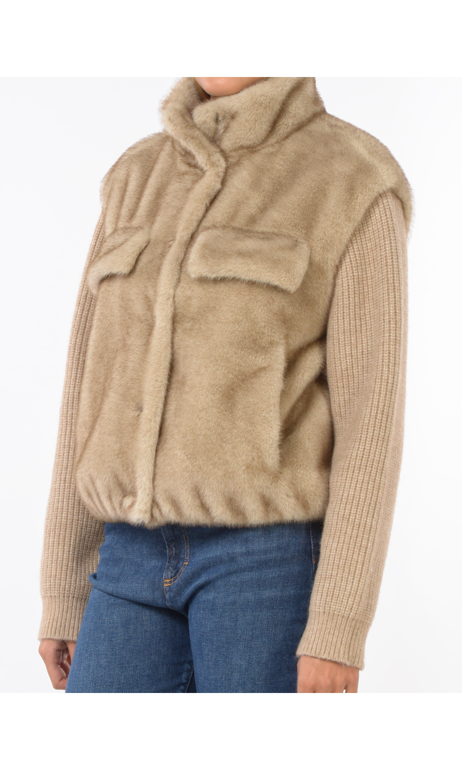 ecopelliccia da donna Seventy con collo alto e maniche in maglia