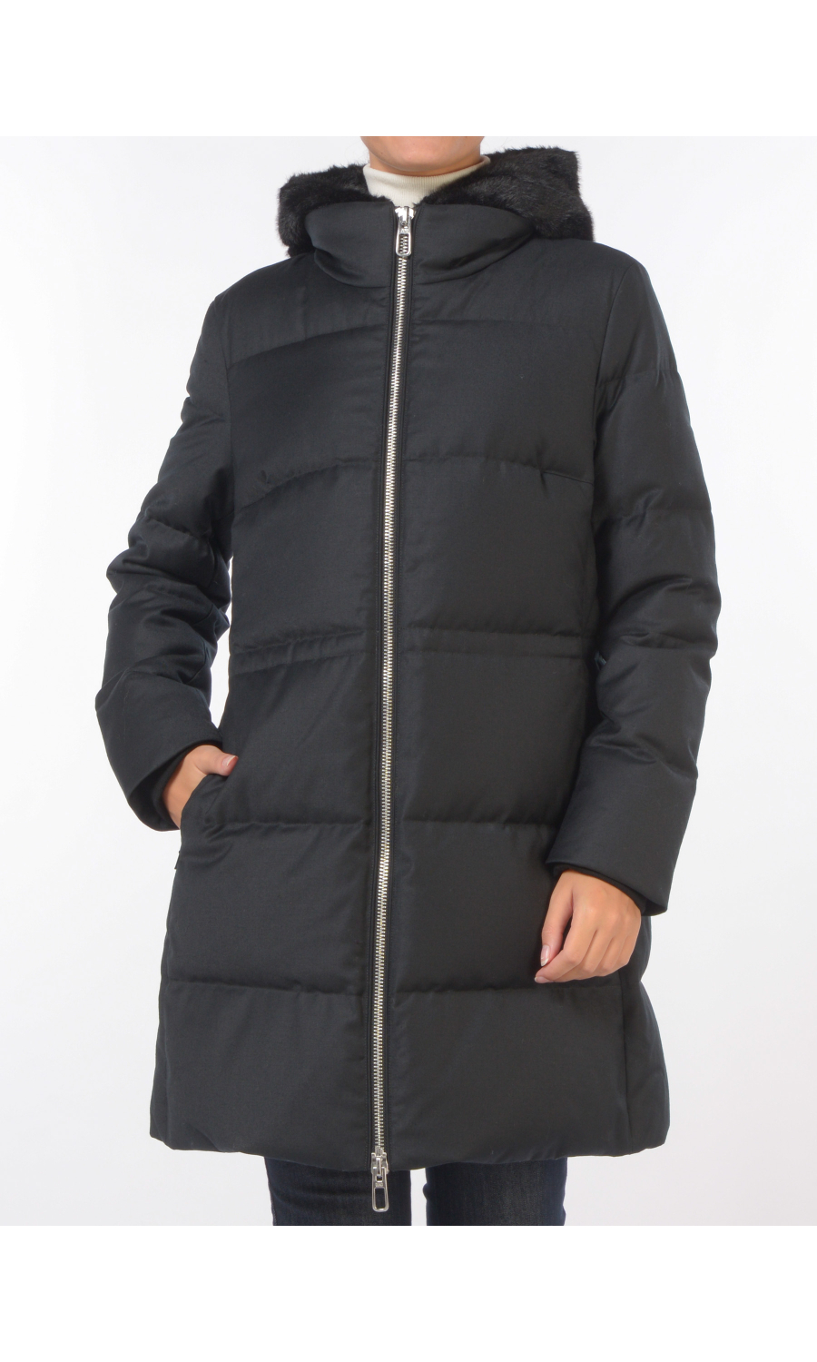 giaccone da donna Duno Virna in lana con cappuccio ecopelliccia