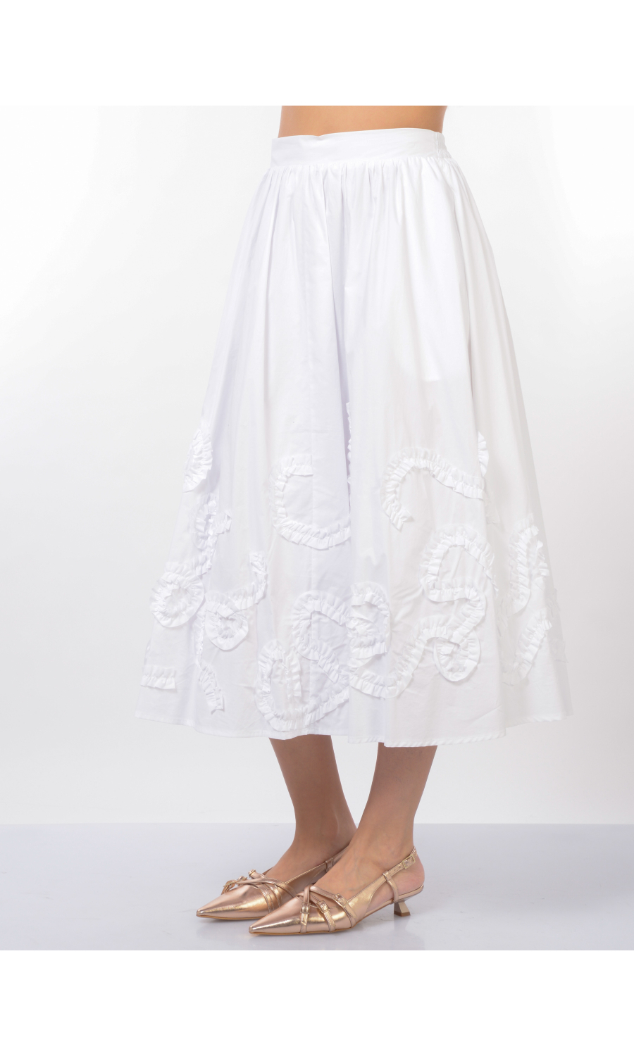 gonna lunga da donna Meimeij svasata con applicazioni arricciate jacquard