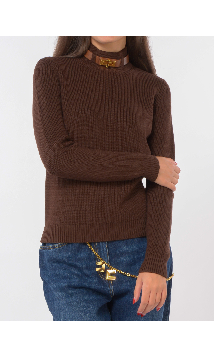 maglia da donna Elisabetta Franchi in misto lana con cinturino su collo