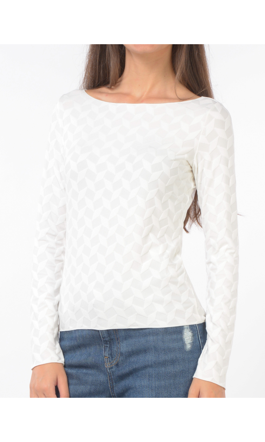 maglia da donna Emporio Armani con scollo a barchetta e fantasia jacquard