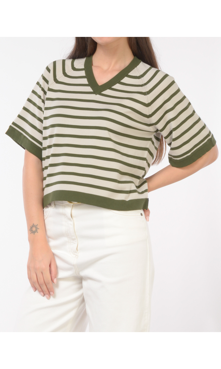 maglia da donna K Way a righe con scollo a V