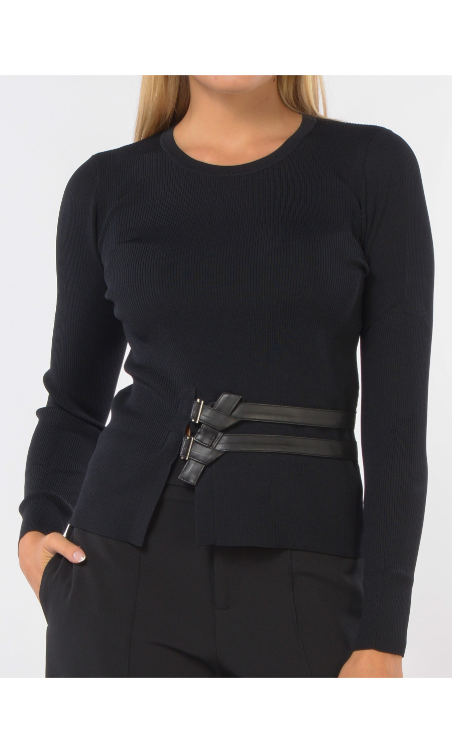 maglia da donna Liu Jo a costine con cinturini in similpelle