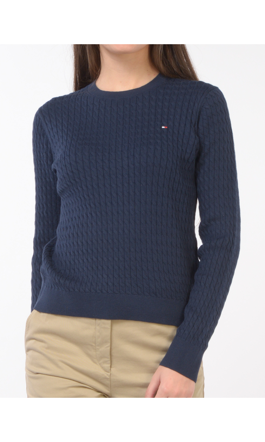 maglia da donna Tommy Hilfiger a girocollo con lavorazione a trecce