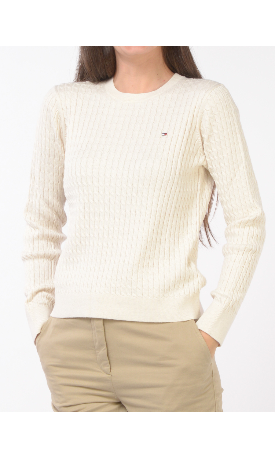 maglia da donna Tommy Hilfiger a girocollo con lavorazione a trecce