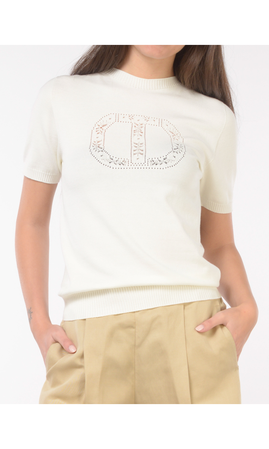 maglia da donna Twinset a manica corta con logo effetto traforato