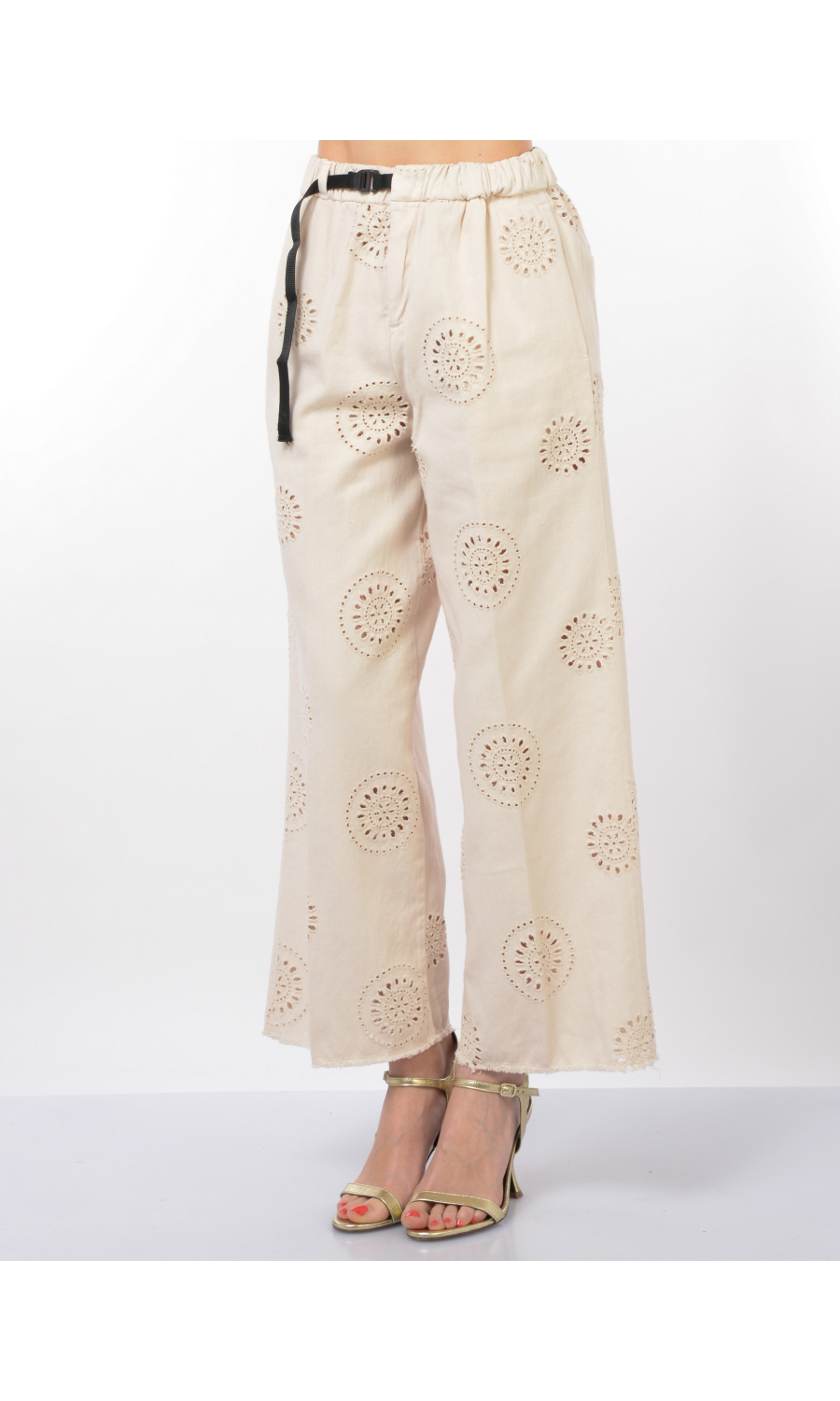 pantalone da donna White Sand ampio a fantasia jacquard traforata