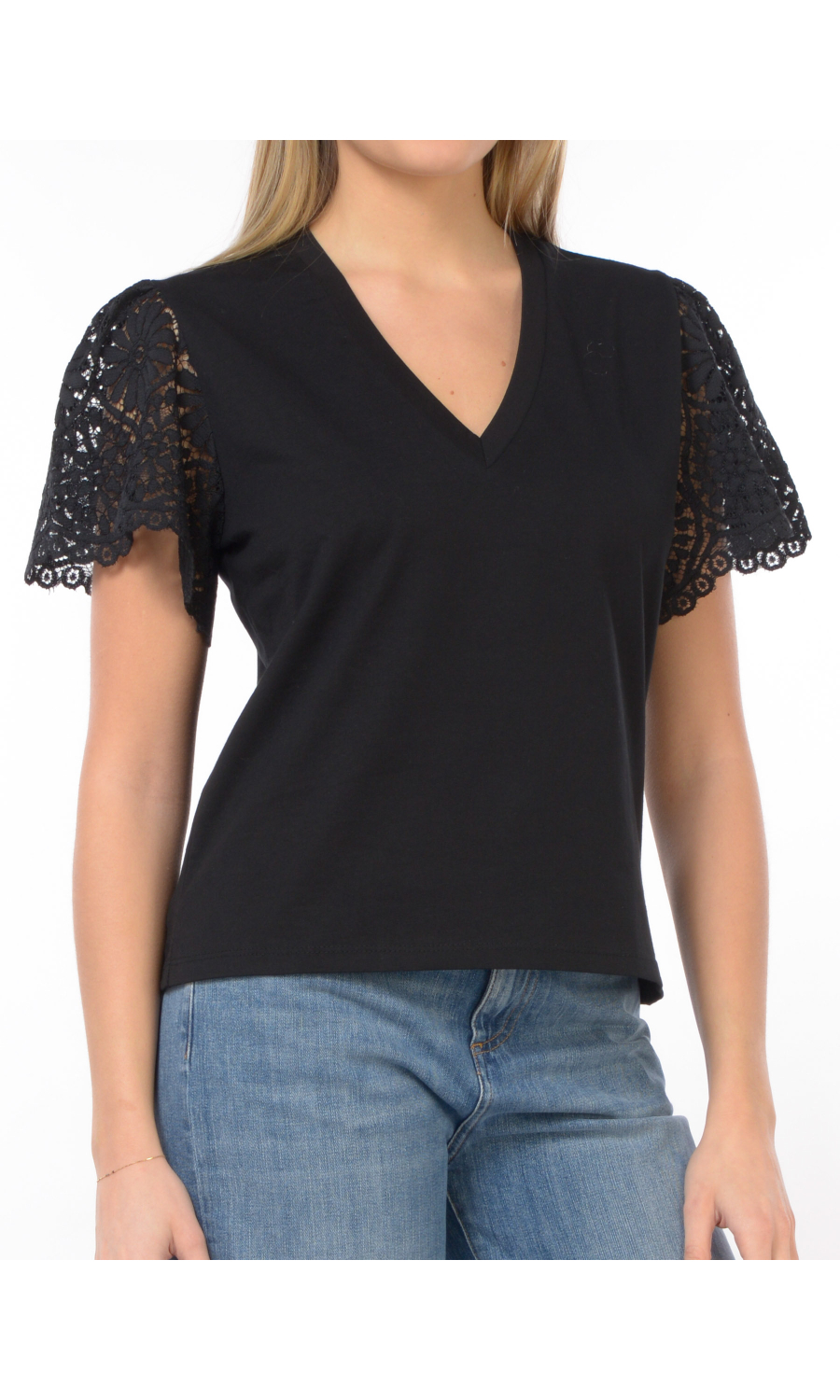 t Shirt da donna Kaos con scollo a V e maniche in pizzo