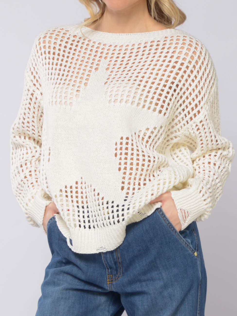 Maglione traforato con stella panna Kaos
